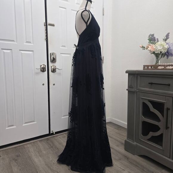 Women’s Navy Mesh Floral Burnout Cocktail Maxi Dress M Romantic Elegant Evening - Picture 4 of 13